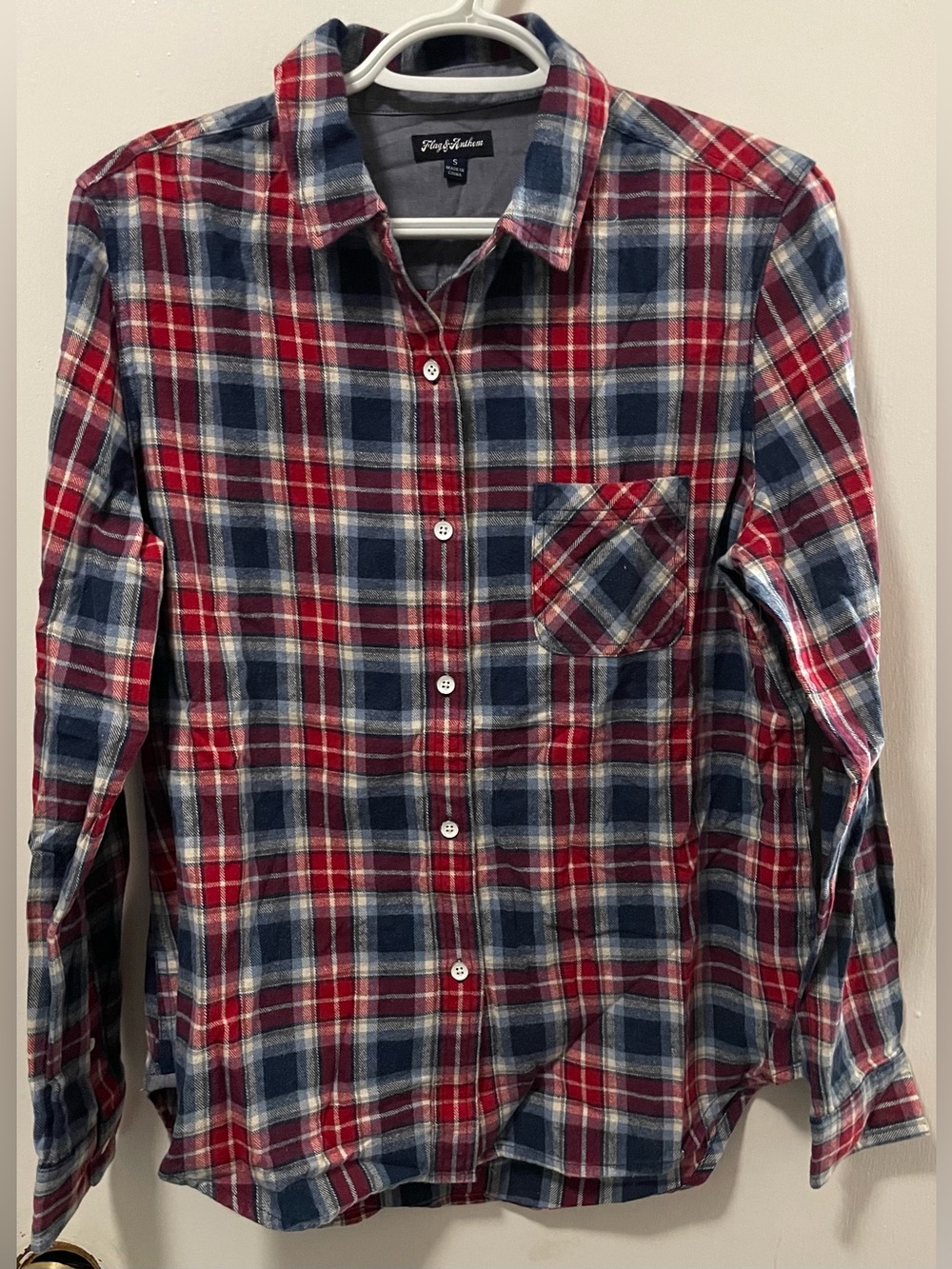 Flag & Anthem Women Plaid Button Up Shirt Long Sleeve Red Navy Cream Size Small